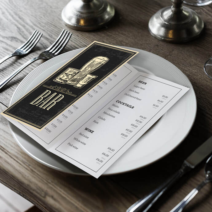 Custom tri-fold menu printing is ideal for dine-in, carry-out, to-go, drink, and dessert menus.