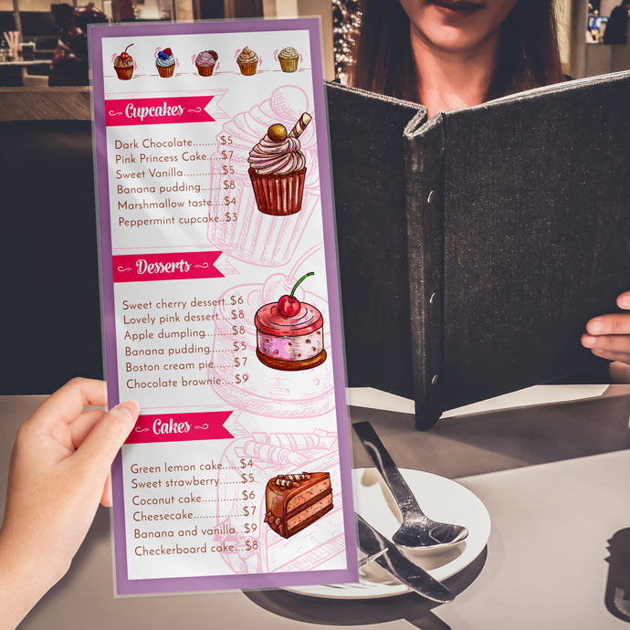 Custom plastic laminated menu printing will ensure your menus are waterproof and hold up under heavy repeated use. Perfect for cafe menus, dessert menus, drink menus, Chinese menus, burger menus, pizza menus, mini menus, and more.