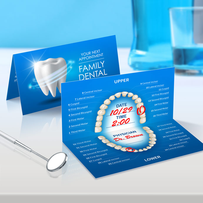 Folded with printing on front & back available for your dental, medical, or chiropractic patient appointment cards.