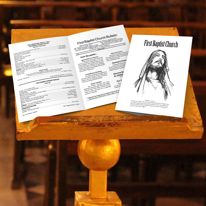 5.5x8.5 church bulletins with black only printing are a cheap and effective tool for communicating detailed information to your congregation.