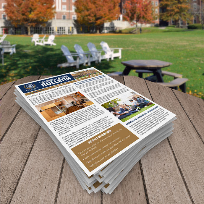 8.5x11 front only, full-color college bulletin printing is a cheap way to communicate timely information.