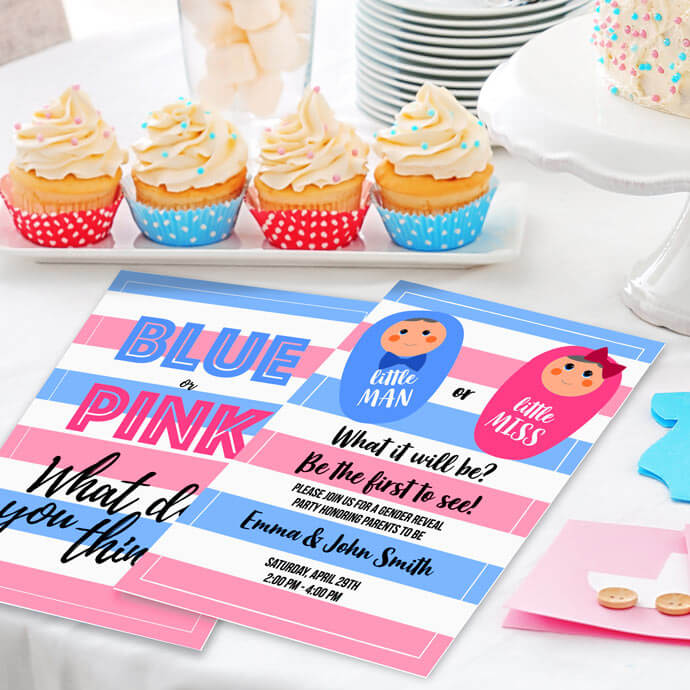 4 x 6 invites with full-color front & back printing are perfect for gender reveals, baby showers, confirmations, graduation announcements, and more.