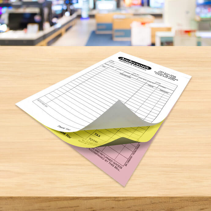 Three-part carbonless forms can be perforated and bound loose, They're perfect for receipts, work order forms, and invoices, and more.