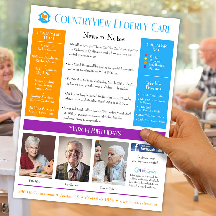 Keep your community members and families informed of upcoming news, events, birthdays, and more with low-cost 8.5 x 11 full-color newsletter printing.