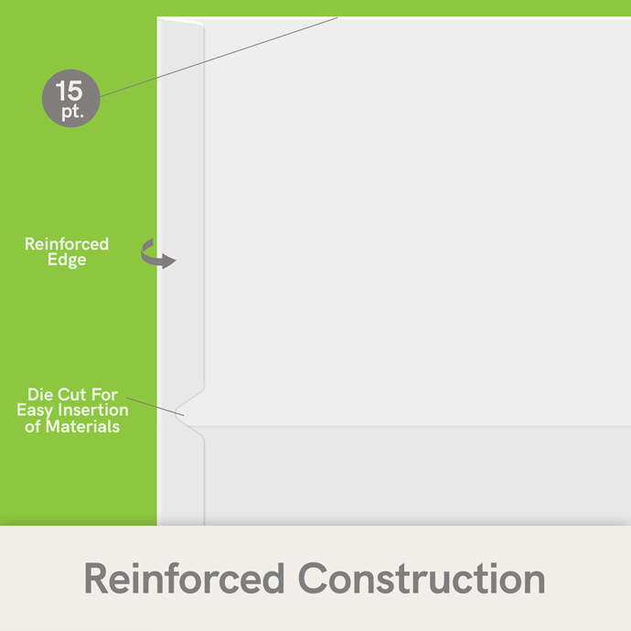 Reinforced edges make our folders durable and long-lasting. Printed on 15 lb. card stock.